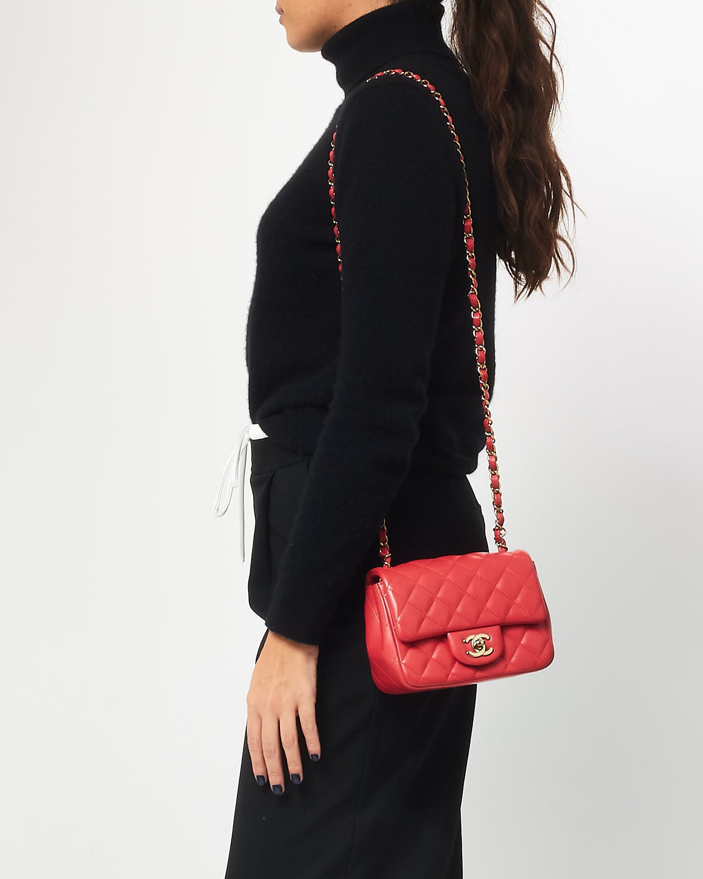 Chanel Red/Coral Lambskin CPHW Square Mini Single Flap Bag