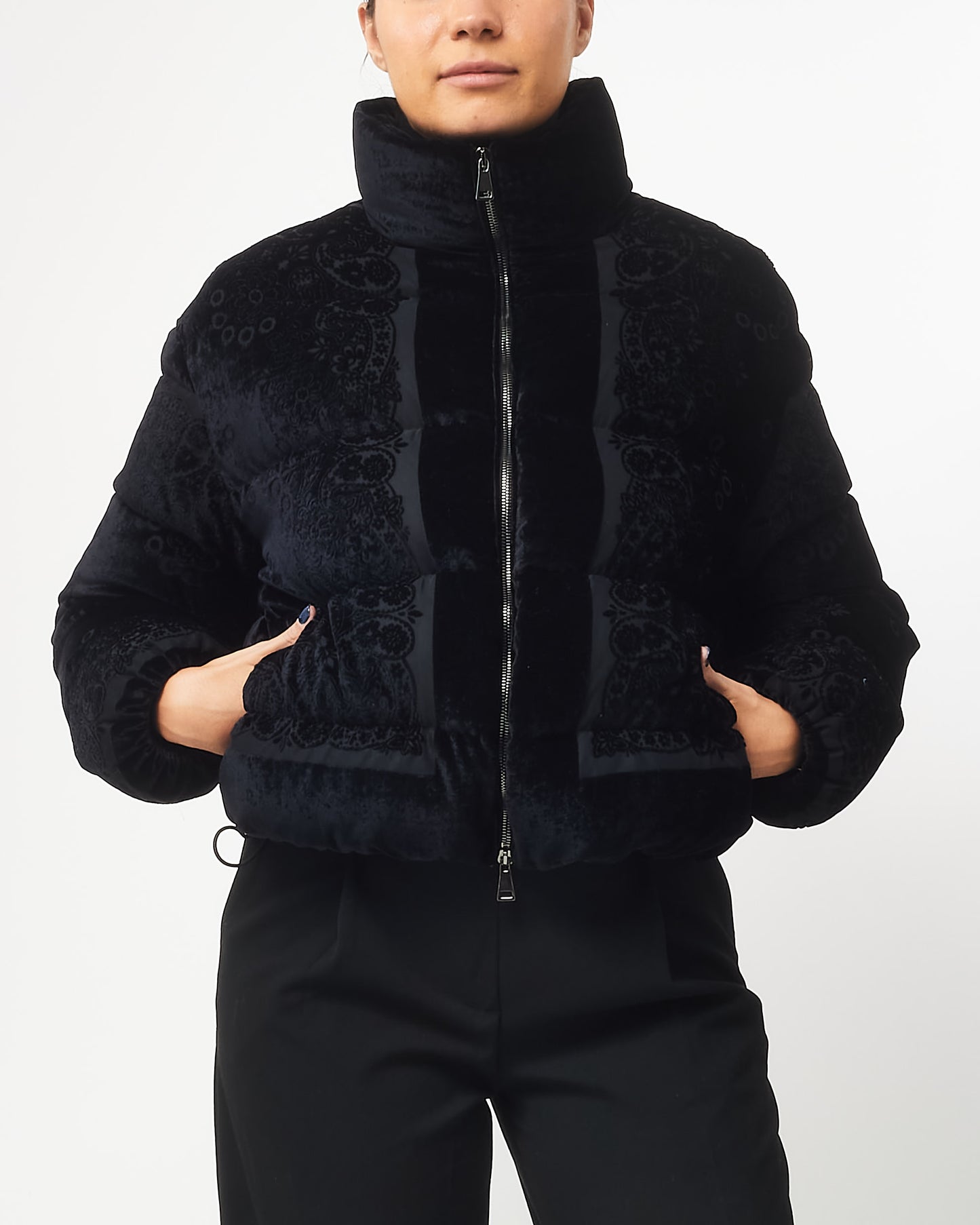 Moncler Black Velvet Labbe Paisley Print Down Puffer Jacket - 0