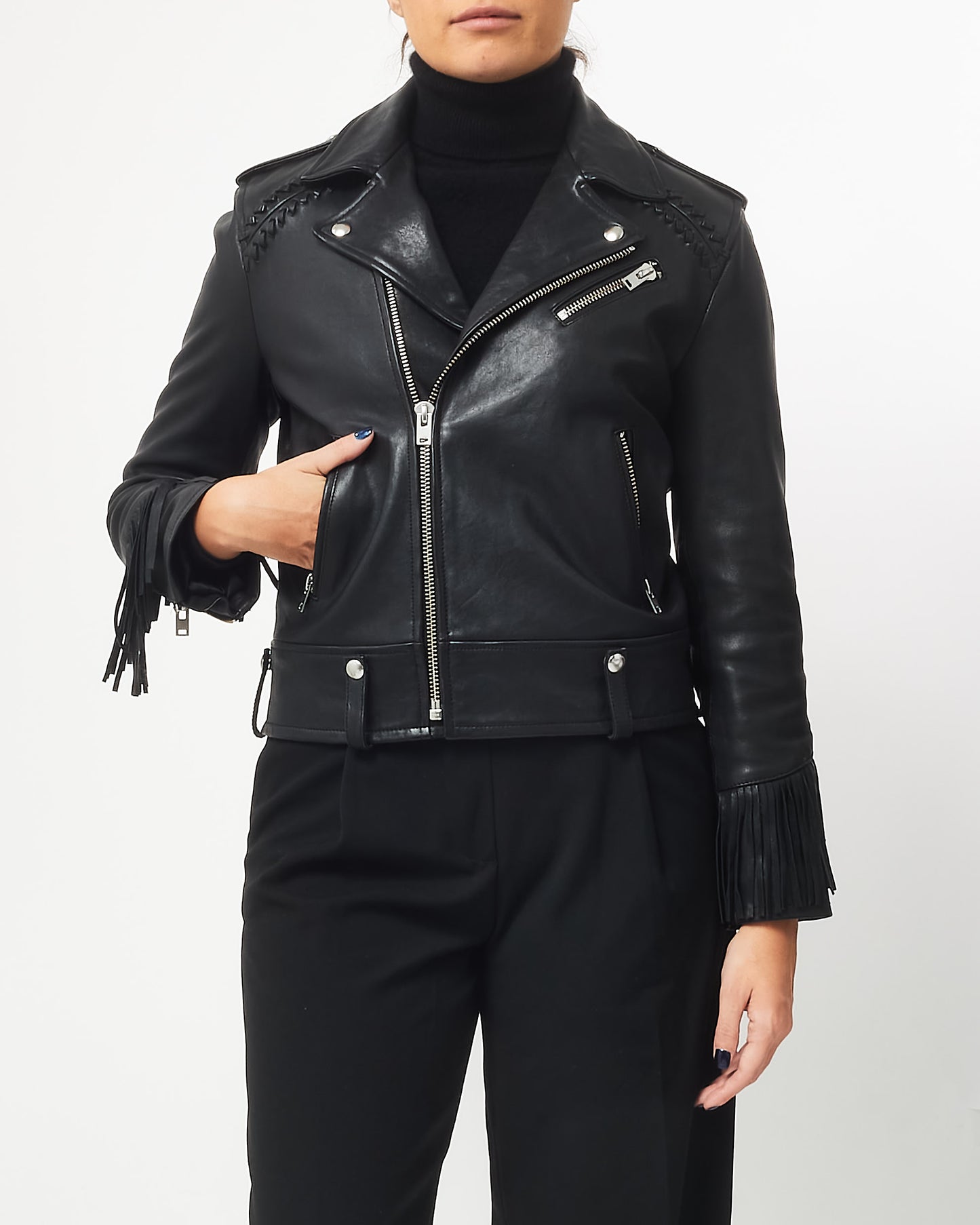 Iro Black Leather Fringe Moto Jacket - 40