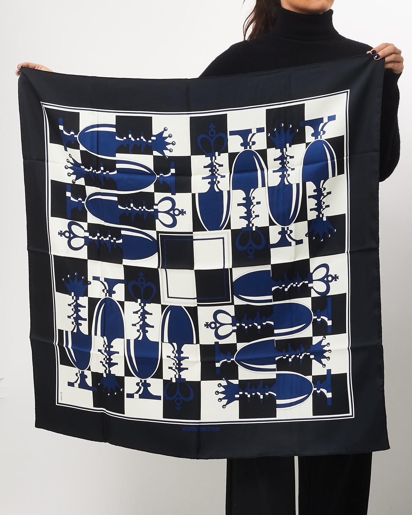 Hermès Black Blue 
White Chess Silk Scarf