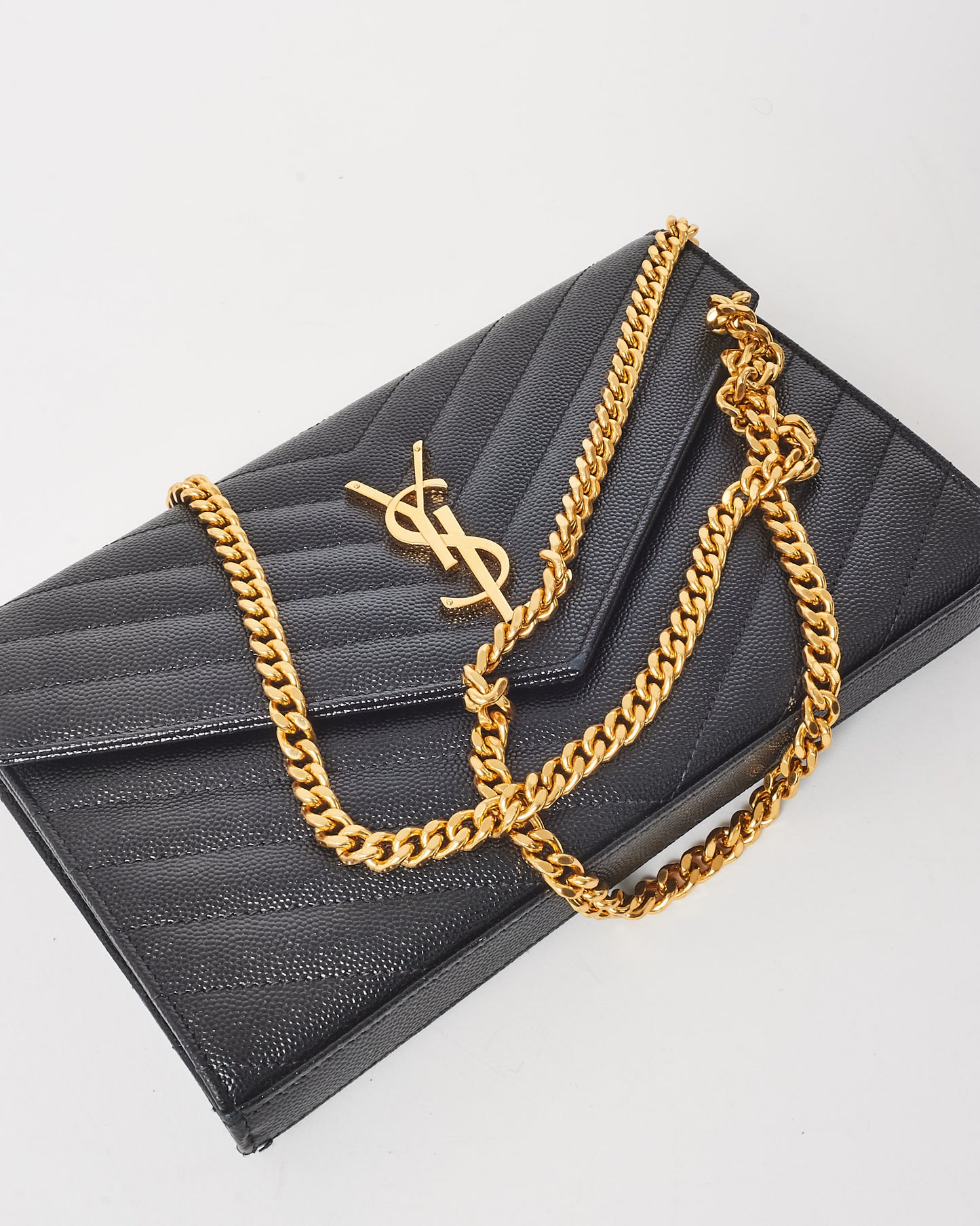 Saint Laurent Black Leather GHW Cassandra Envelope Classic Wallet On Chain