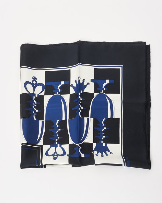 Hermès Black Blue 
White Chess Silk Scarf