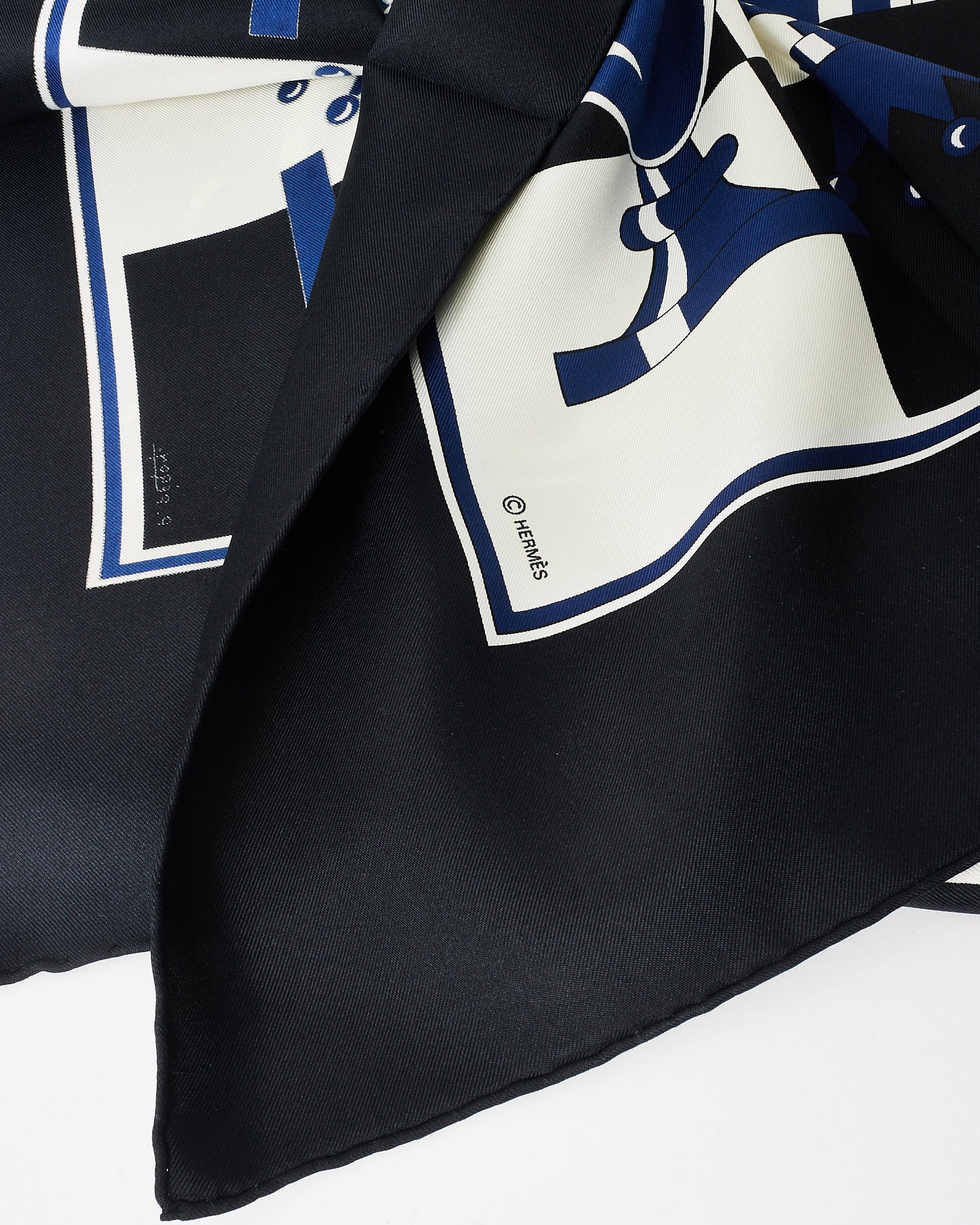 Hermès Black Blue 
White Chess Silk Scarf