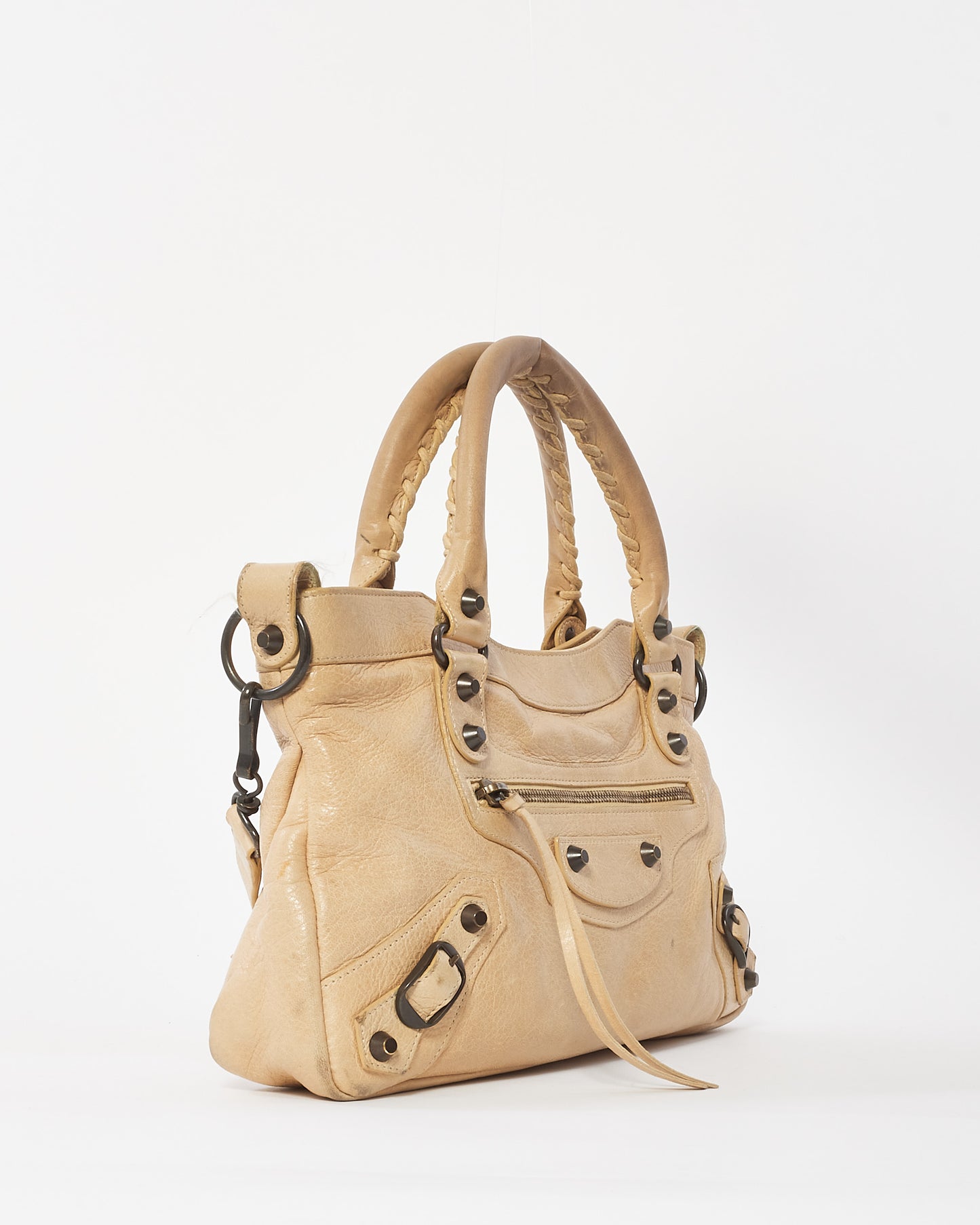 Balenciaga Beige Leather Gunmetal Stud Classic First 2Way Bag