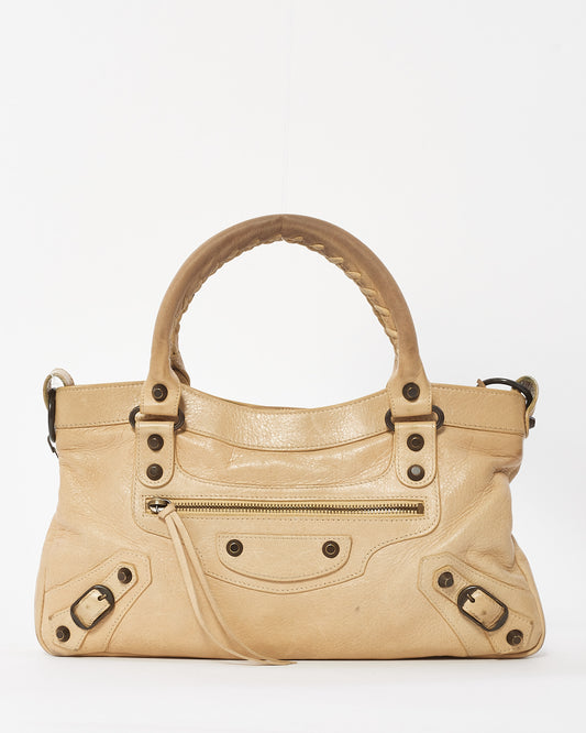 Balenciaga Beige Leather Gunmetal Stud Classic First 2Way Bag