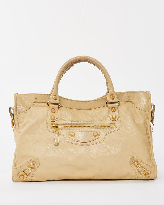 Balenciaga Beige Leather Giant 12 Gold Motocross City Bag