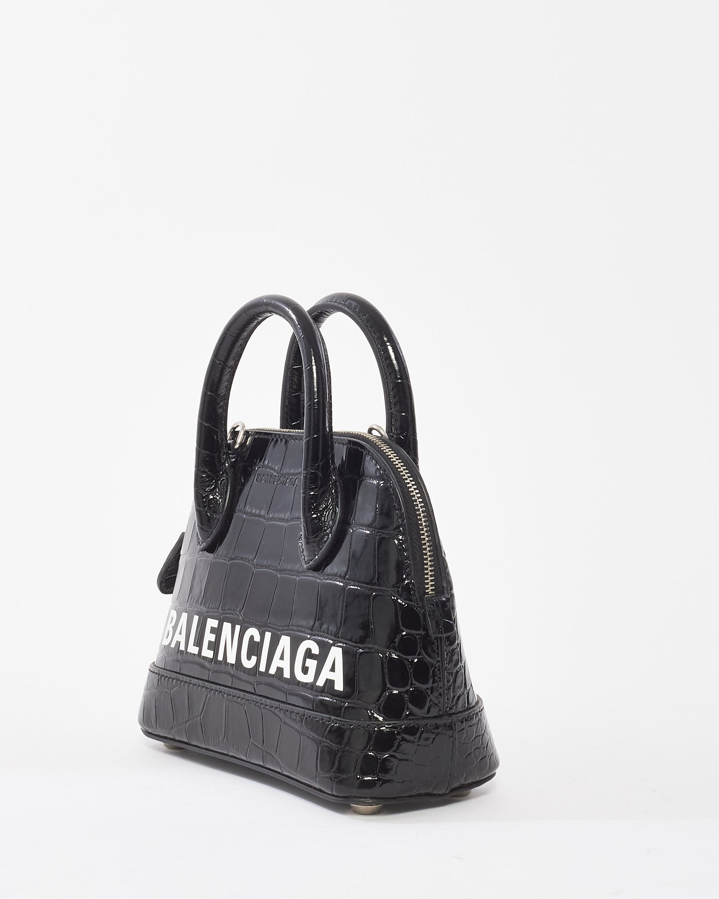 Balenciaga Black Crocodile Embossed Ville Mini Top Handle Bag w/ Strap