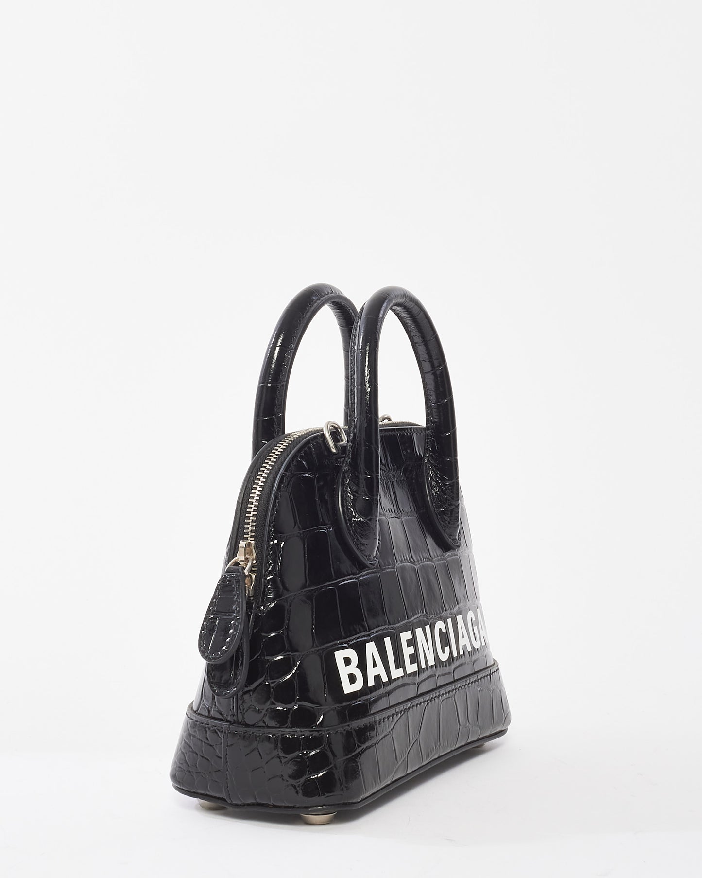 Balenciaga Black Crocodile Embossed Ville Mini Top Handle Bag w/ Strap