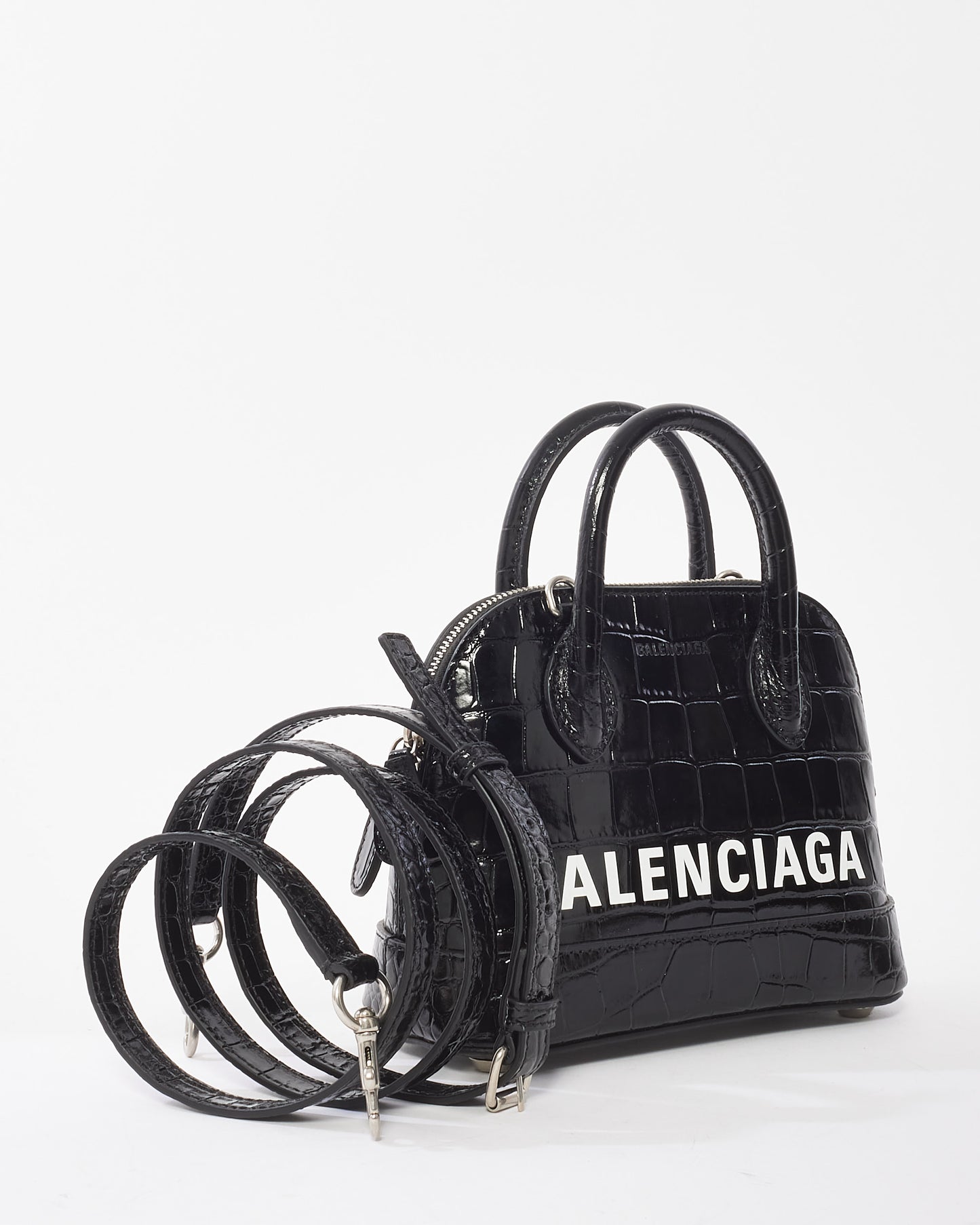 Balenciaga Black Crocodile Embossed Ville Mini Top Handle Bag w/ Strap