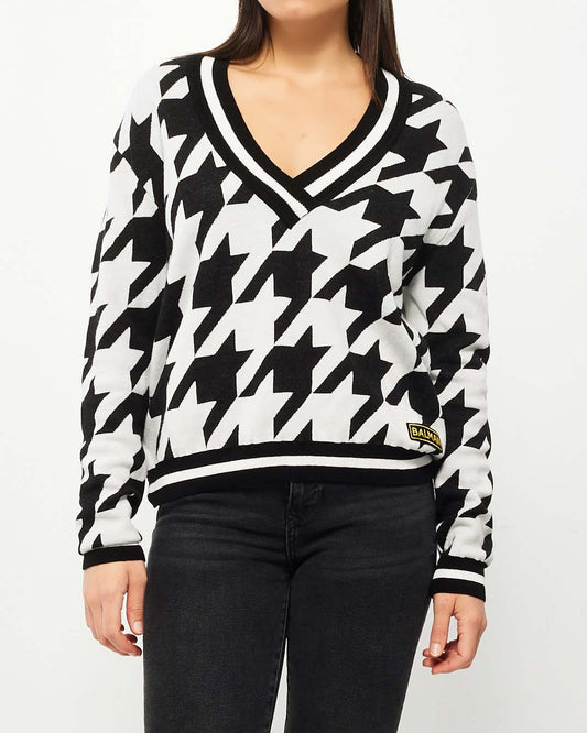 Balmain Black White Houndstooth V Neck Sweater - 38