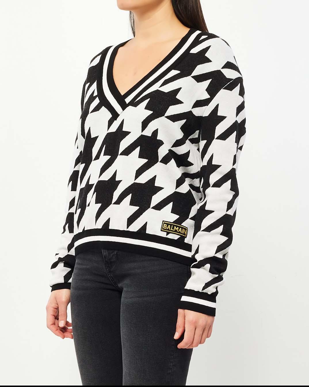 Balmain Black White Houndstooth V Neck Sweater - 38