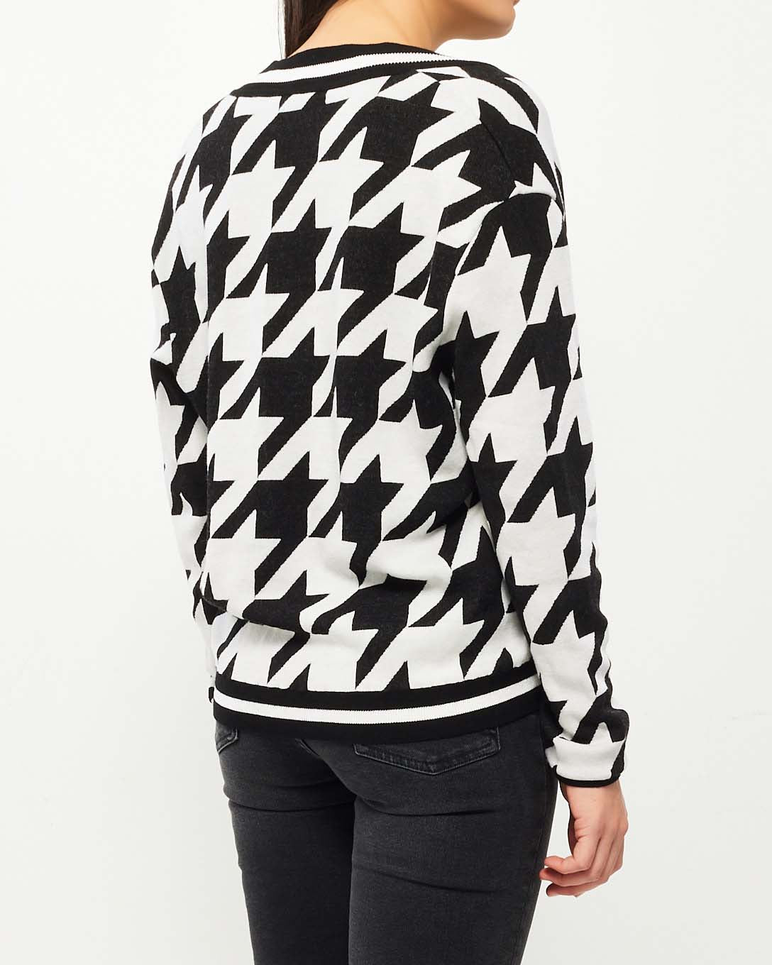 Balmain Black White Houndstooth V Neck Sweater - 38