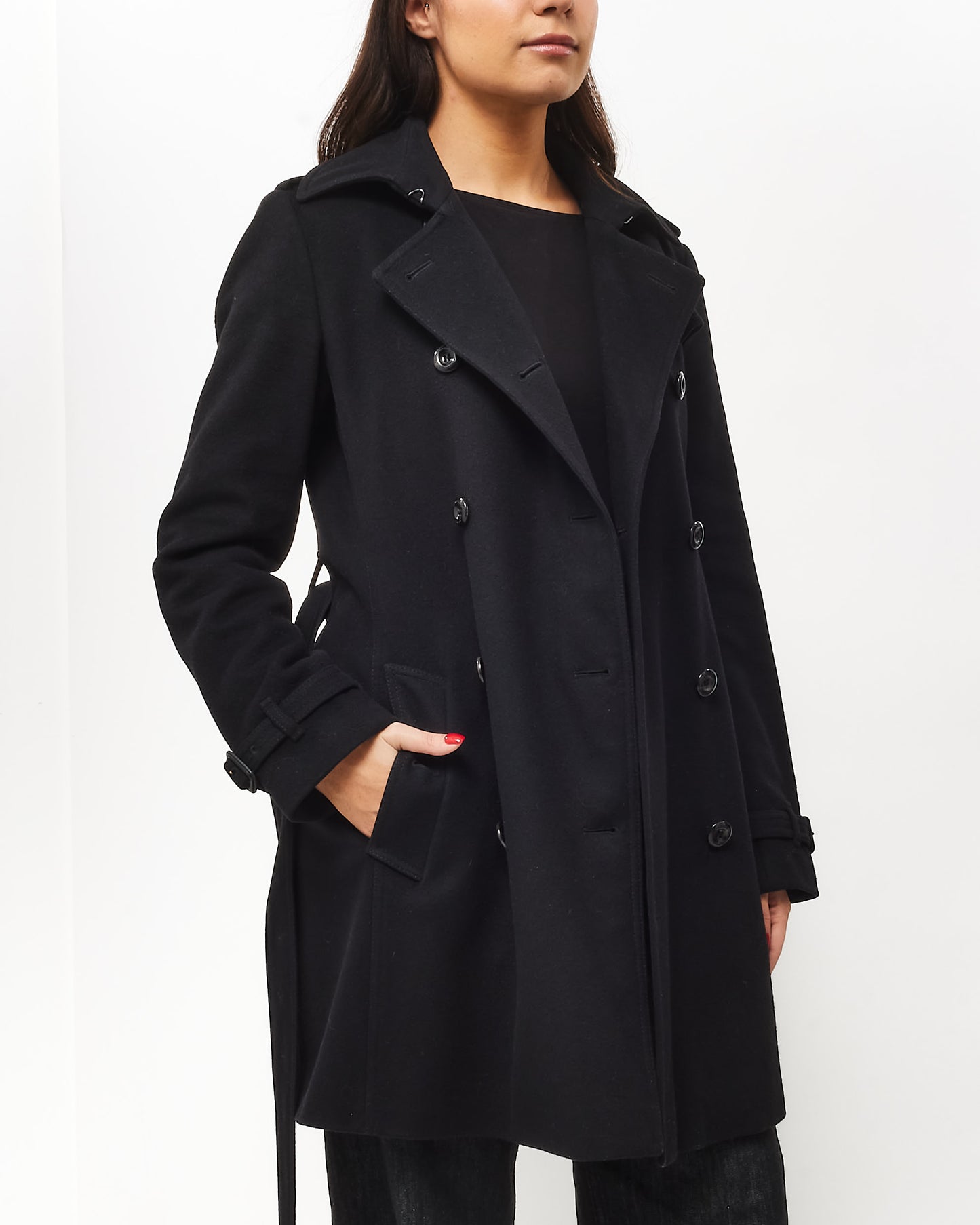 Burberry Black Wool Belted Midi Trench Coat - US 8