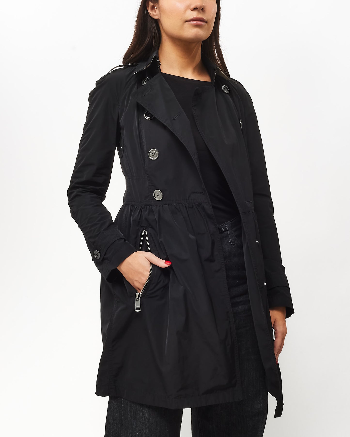 Burberry Black Nylon Double Breasted Zipper Trench Coat - 4