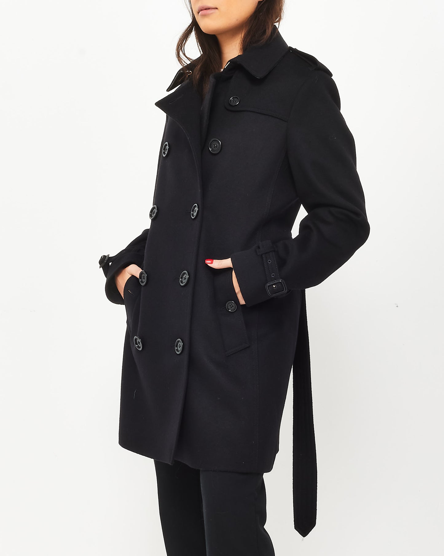 Burberry Black Wool 
Cashmere Double Breasted Belted Coat - US 12