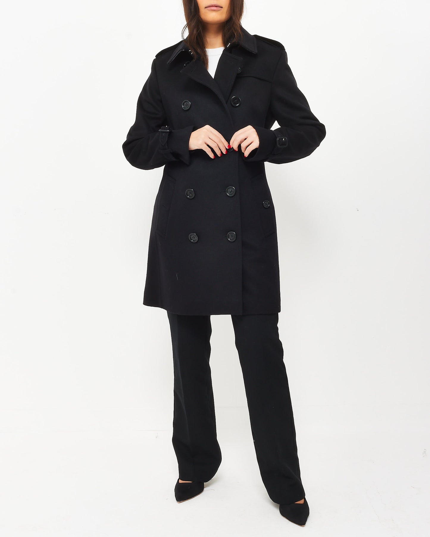 Burberry Black Wool 
Cashmere Double Breasted Belted Coat - US 12