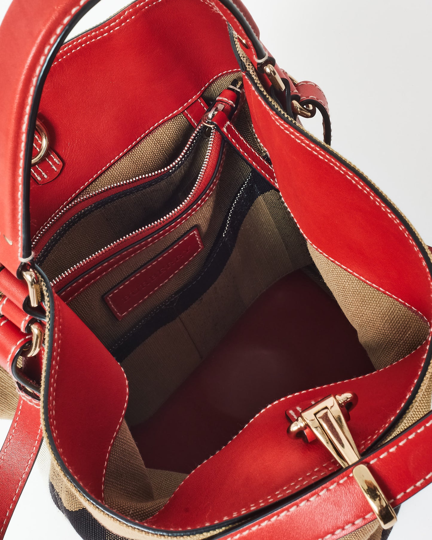 Burberry Plaid Canvas 
Red Leather Ashby Bucket Bag