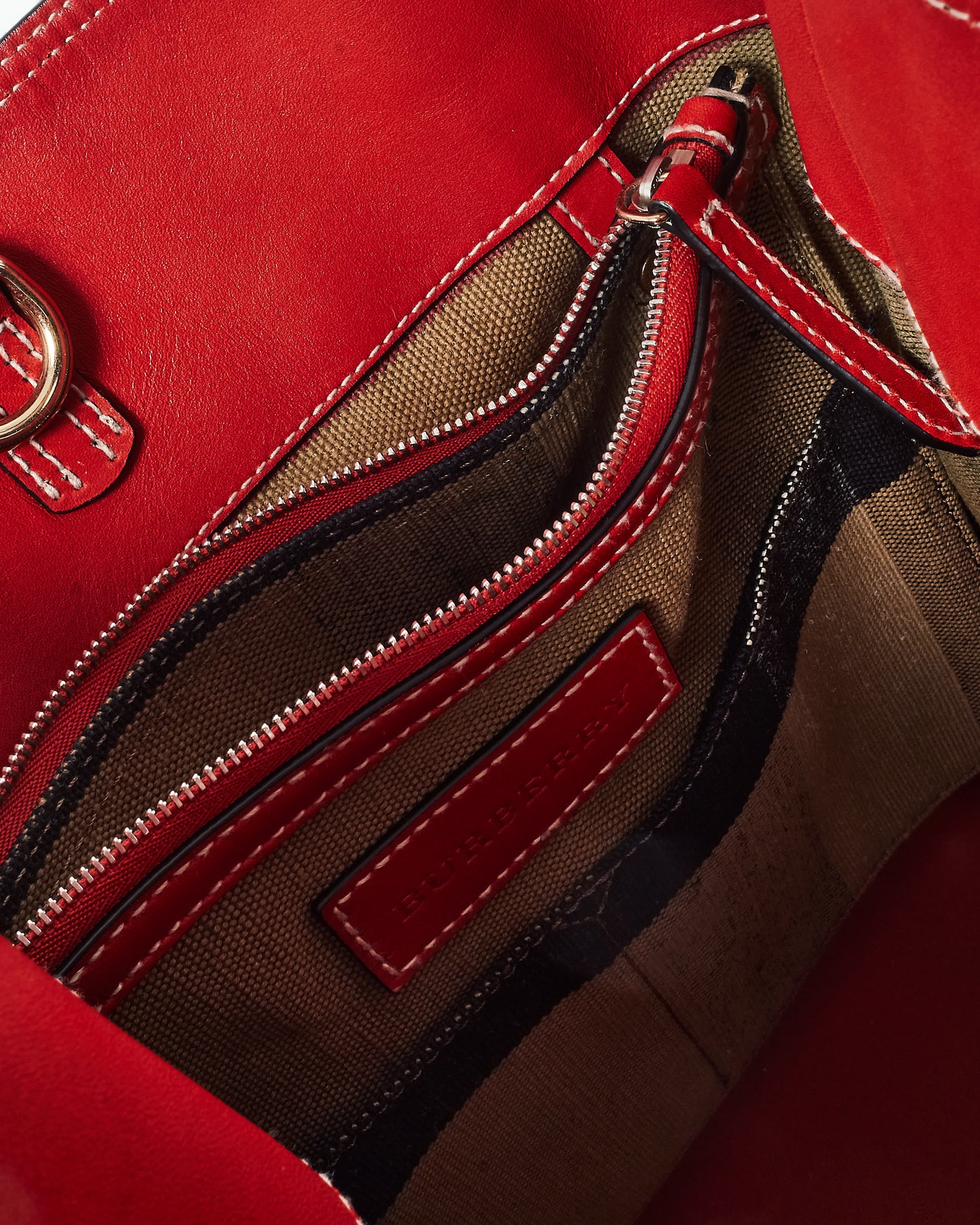 Burberry Plaid Canvas 
Red Leather Ashby Bucket Bag