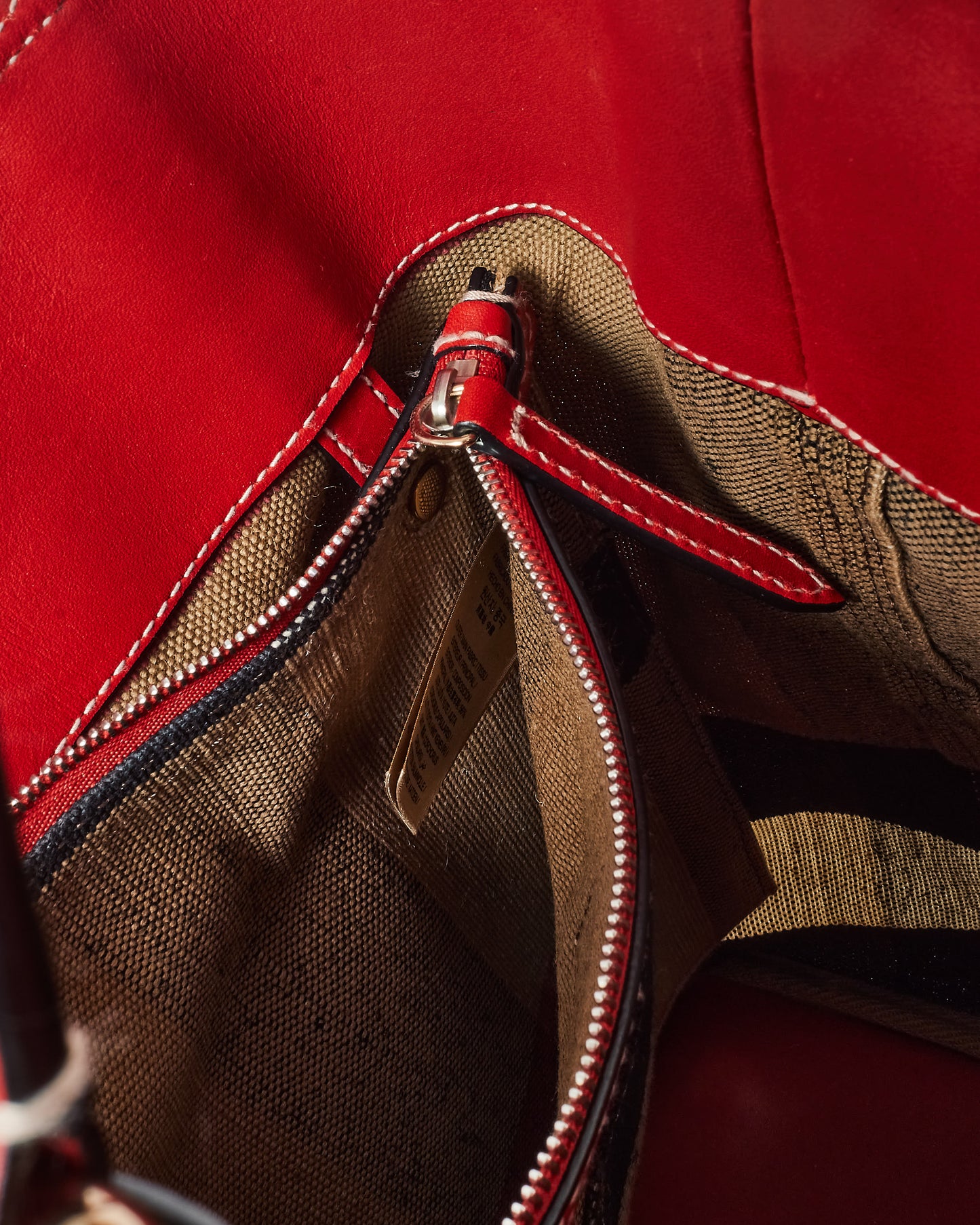 Burberry Plaid Canvas 
Red Leather Ashby Bucket Bag