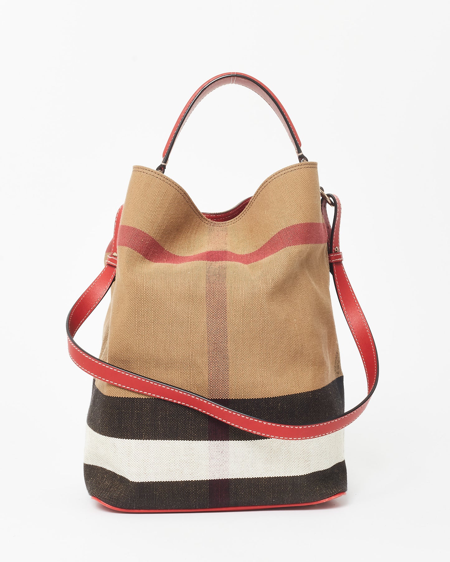 Burberry Plaid Canvas 
Red Leather Ashby Bucket Bag