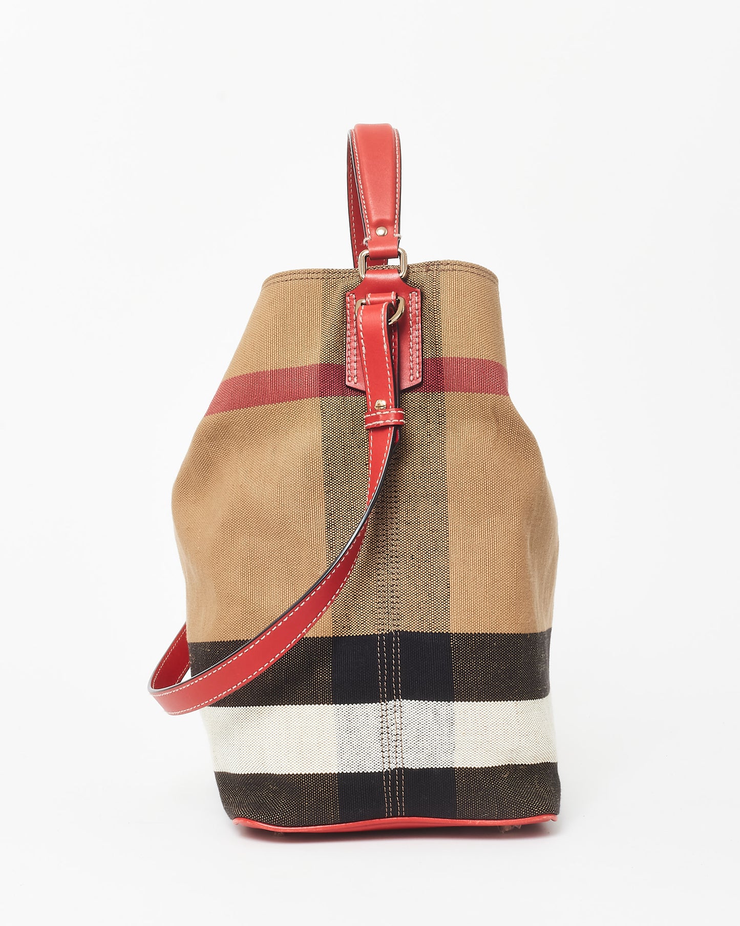 Burberry Plaid Canvas 
Red Leather Ashby Bucket Bag