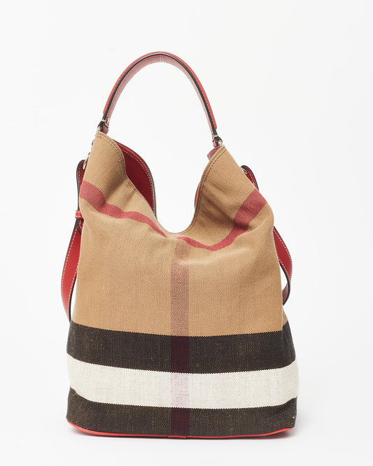 Burberry Plaid Canvas 
Red Leather Ashby Bucket Bag