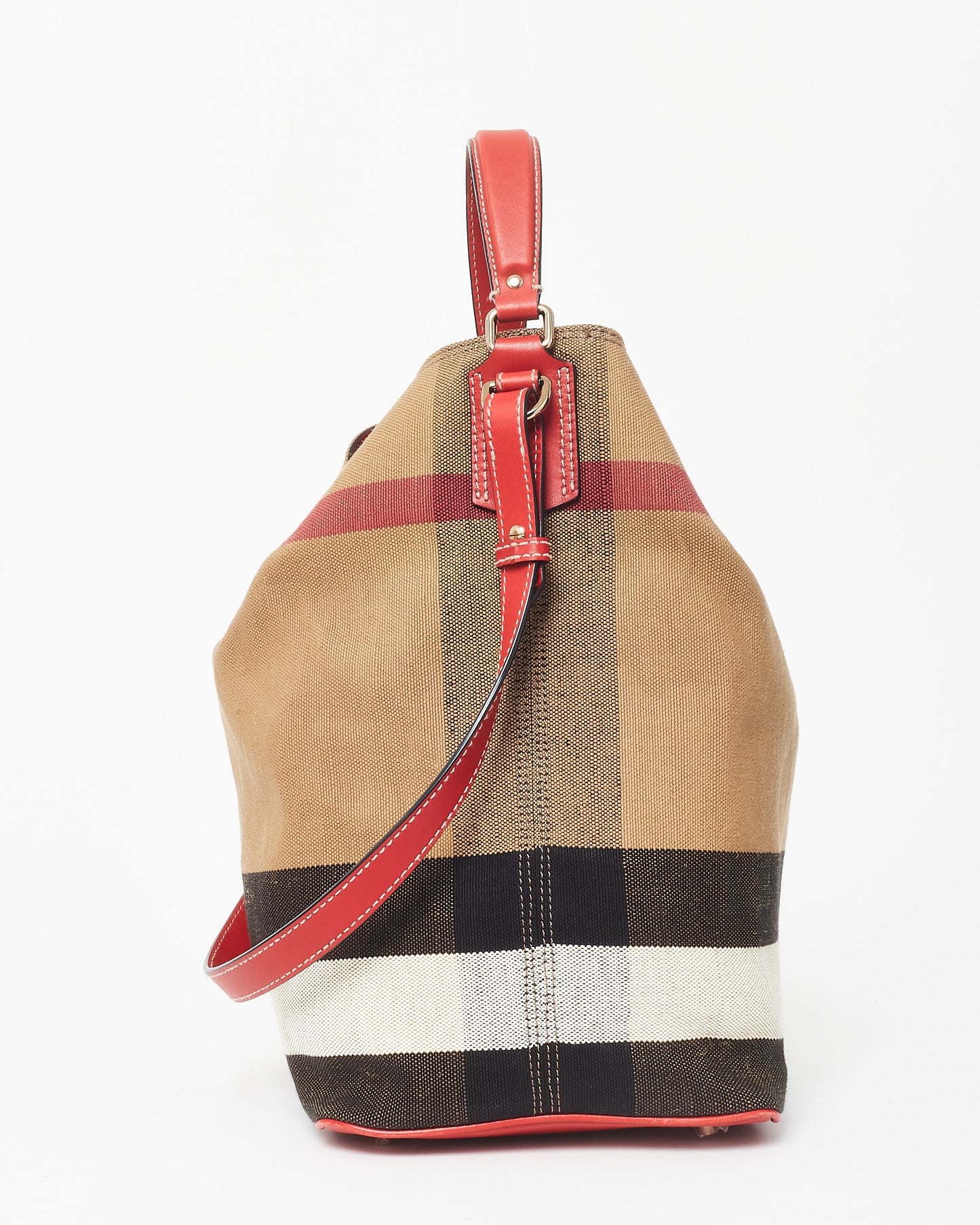 Burberry Plaid Canvas 
Red Leather Ashby Bucket Bag