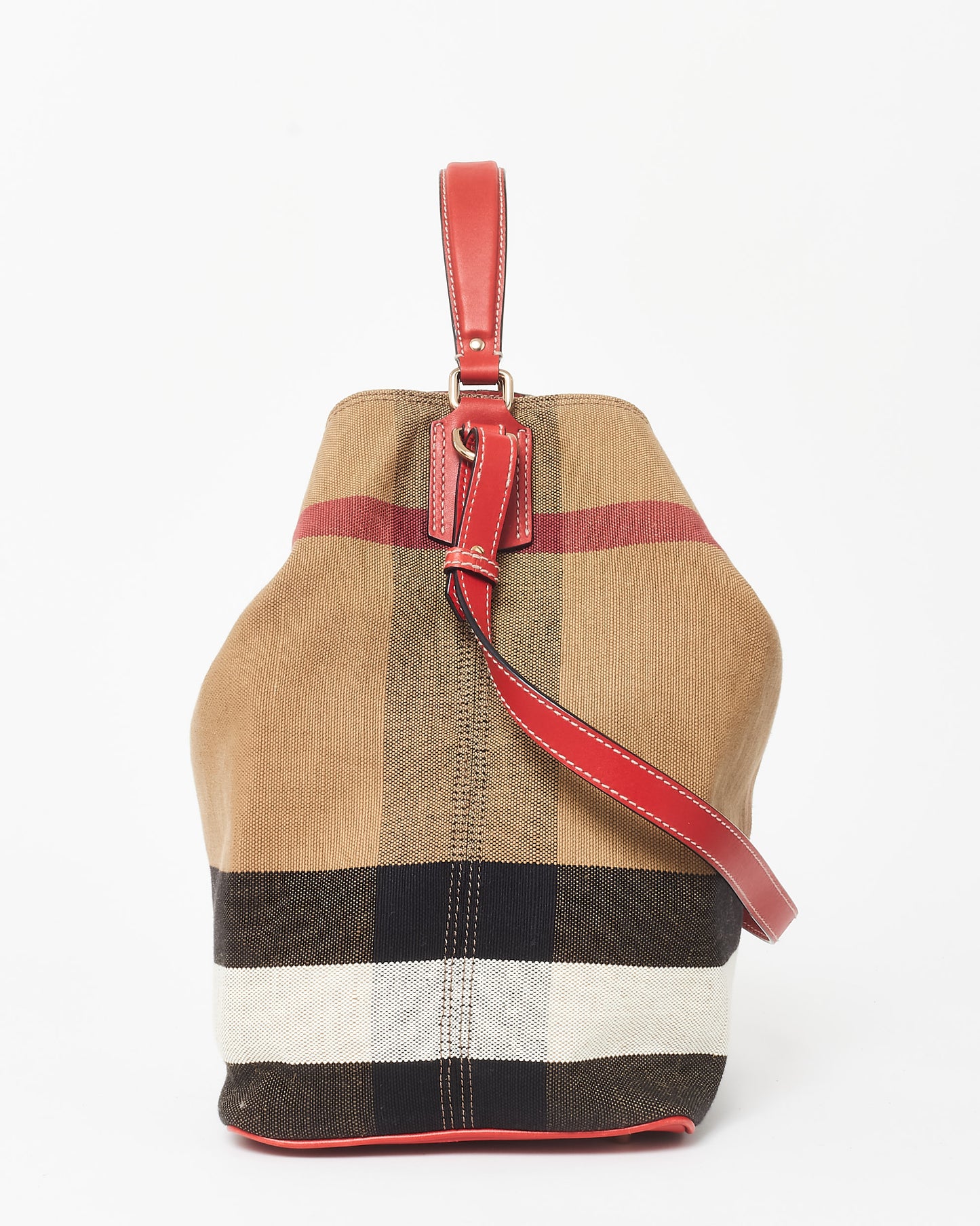 Burberry Plaid Canvas 
Red Leather Ashby Bucket Bag