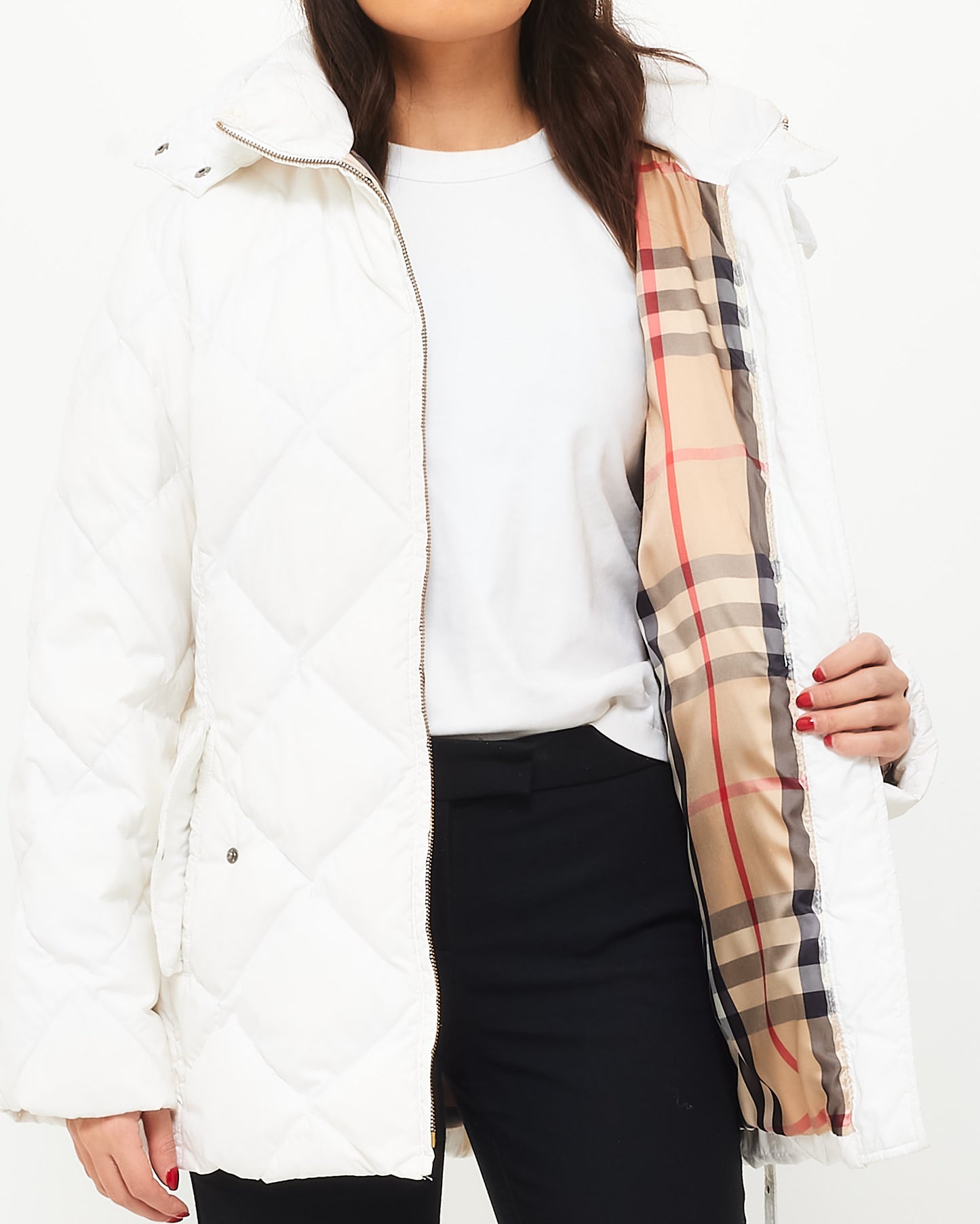 Burberry White Belted Puffer Jacket W/ Plaid Interior - L