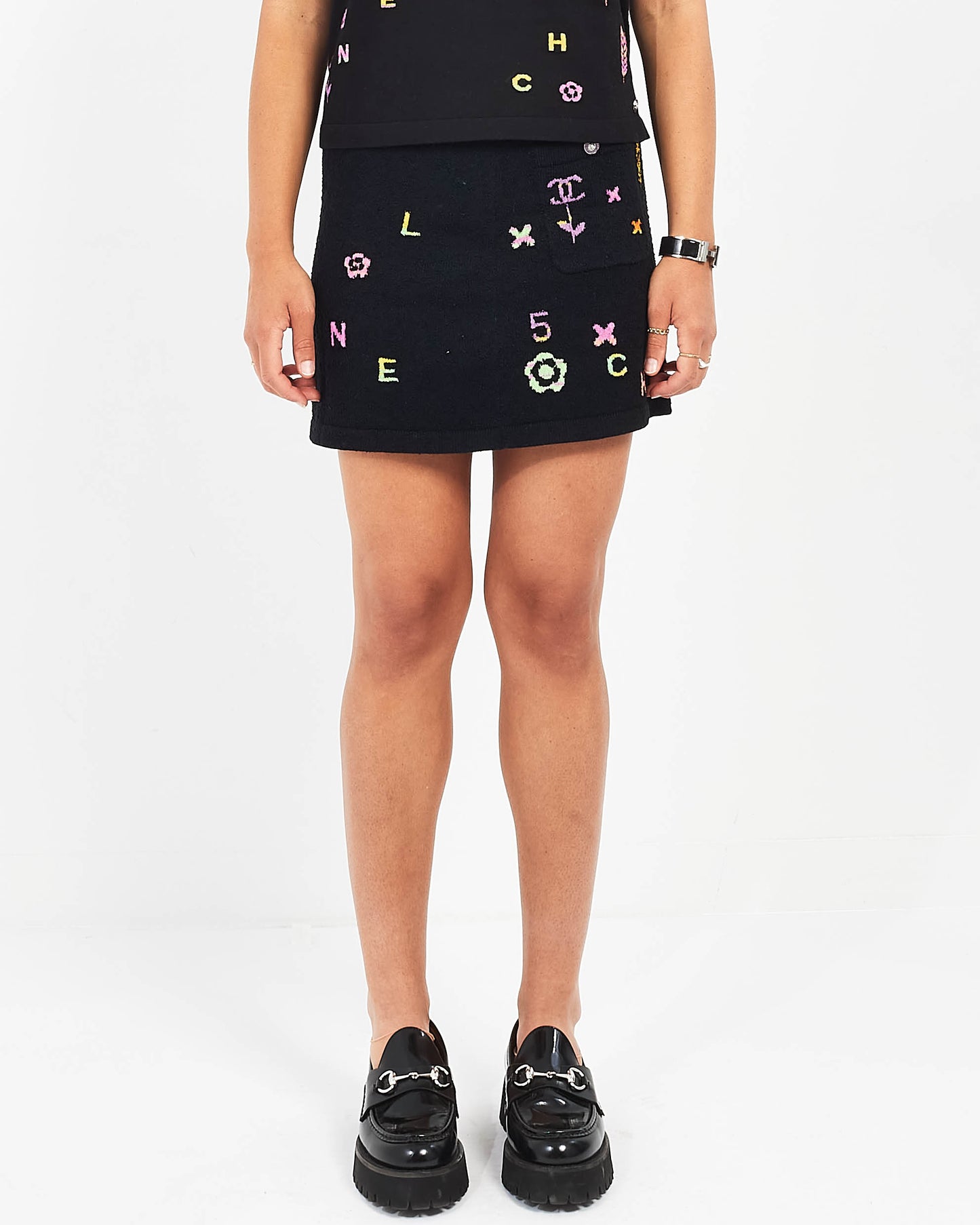 Chanel Black Terry Multi Color Logo Skirt - 36