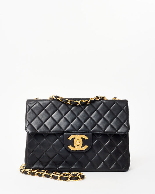 Chanel Vintage Black Lambskin 24K Gold Hardware Jumbo Flap Bag