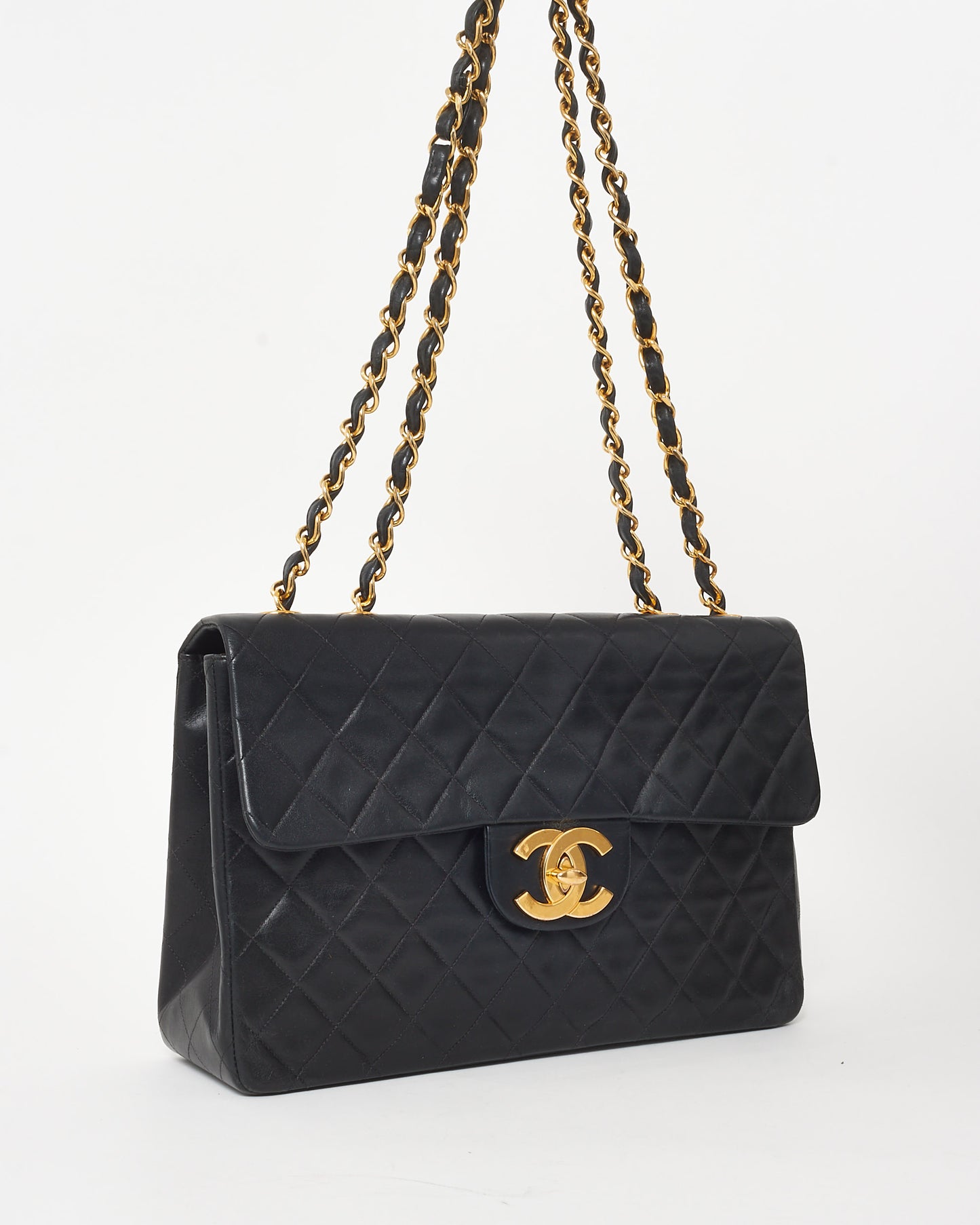 Chanel Vintage Black Lambskin 24K Gold Plated Hardware Maxi Single Flap Bag