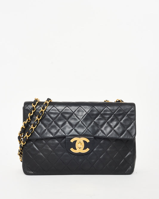 Chanel Vintage Black Lambskin 24K Gold Plated Hardware Maxi Single Flap Bag