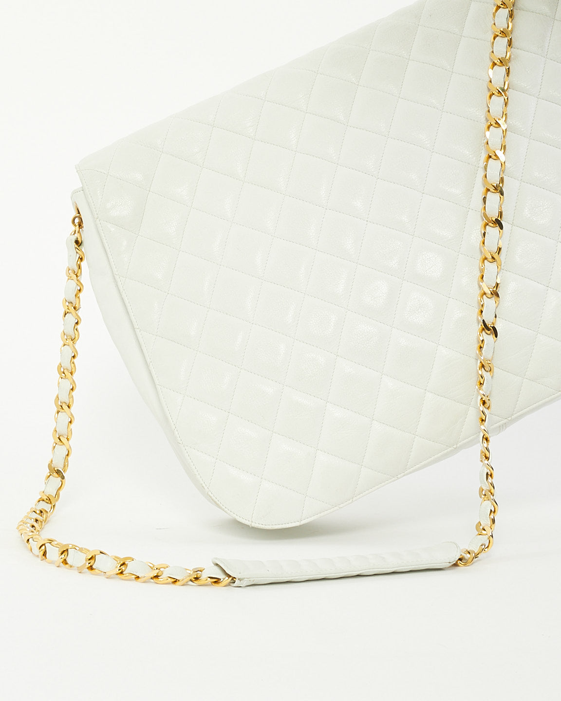 Chanel Vintage White Quilted Leather Large Flap Logo Messenger Bag