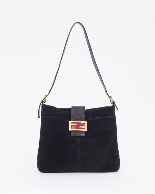 Fendi Black Suede Red Glitter Logo Mamma Shoulder Bag