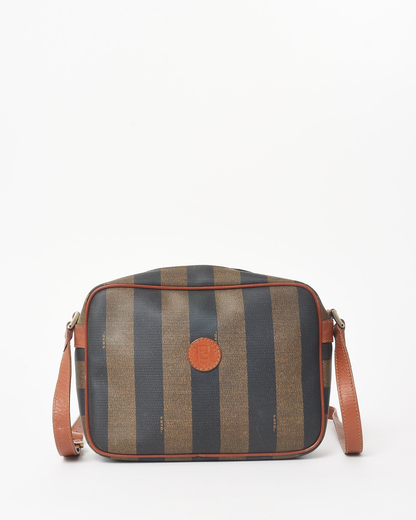 Fendi Vintage Brown 
Black Stripe Coated Canvas Crossbody Bag