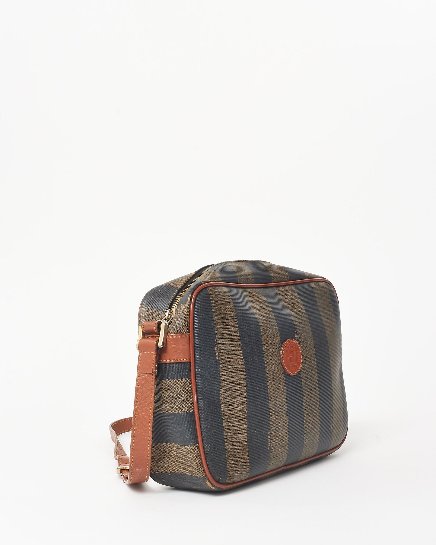 Fendi Vintage Brown 
Black Stripe Coated Canvas Crossbody Bag