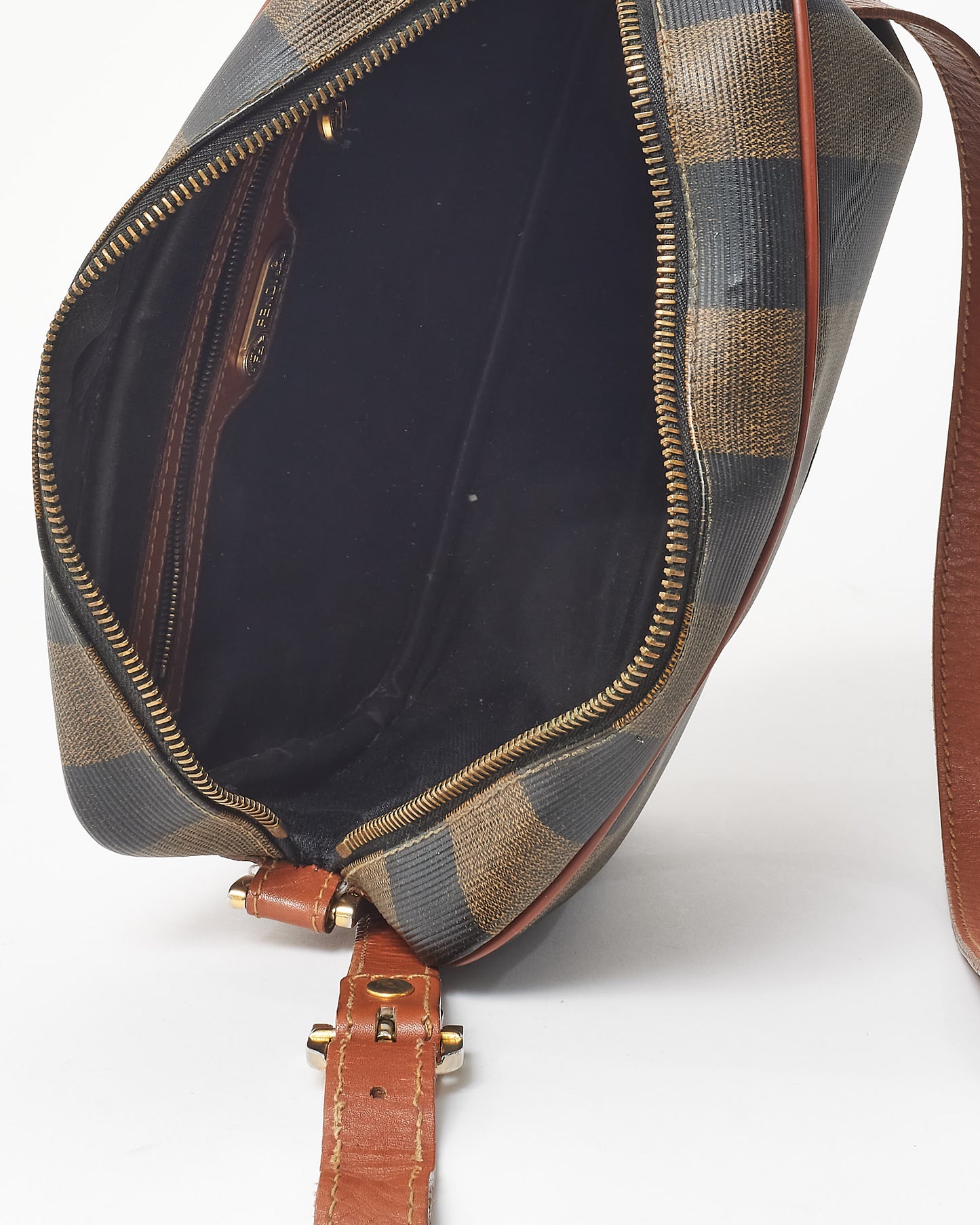 Fendi Vintage Brown 
Black Stripe Coated Canvas Crossbody Bag