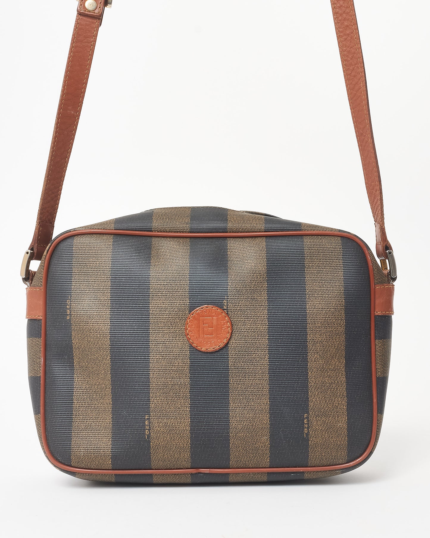 Fendi Vintage Brown 
Black Stripe Coated Canvas Crossbody Bag