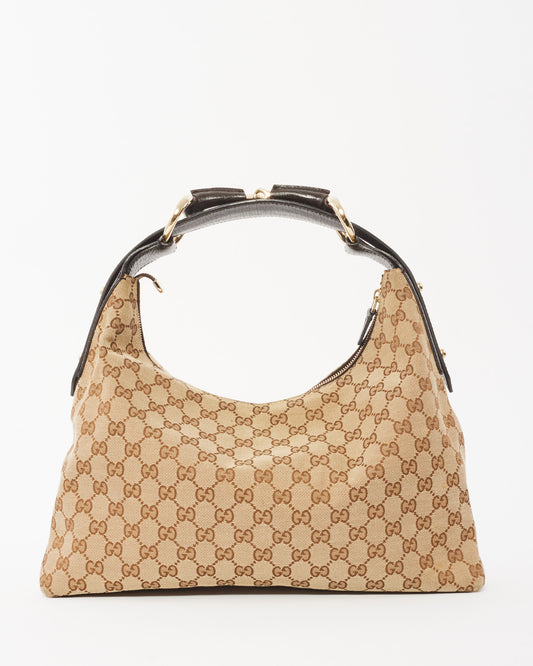 Gucci Brown GG Monogram Canvas Horsebit Hobo Shoulder Bag