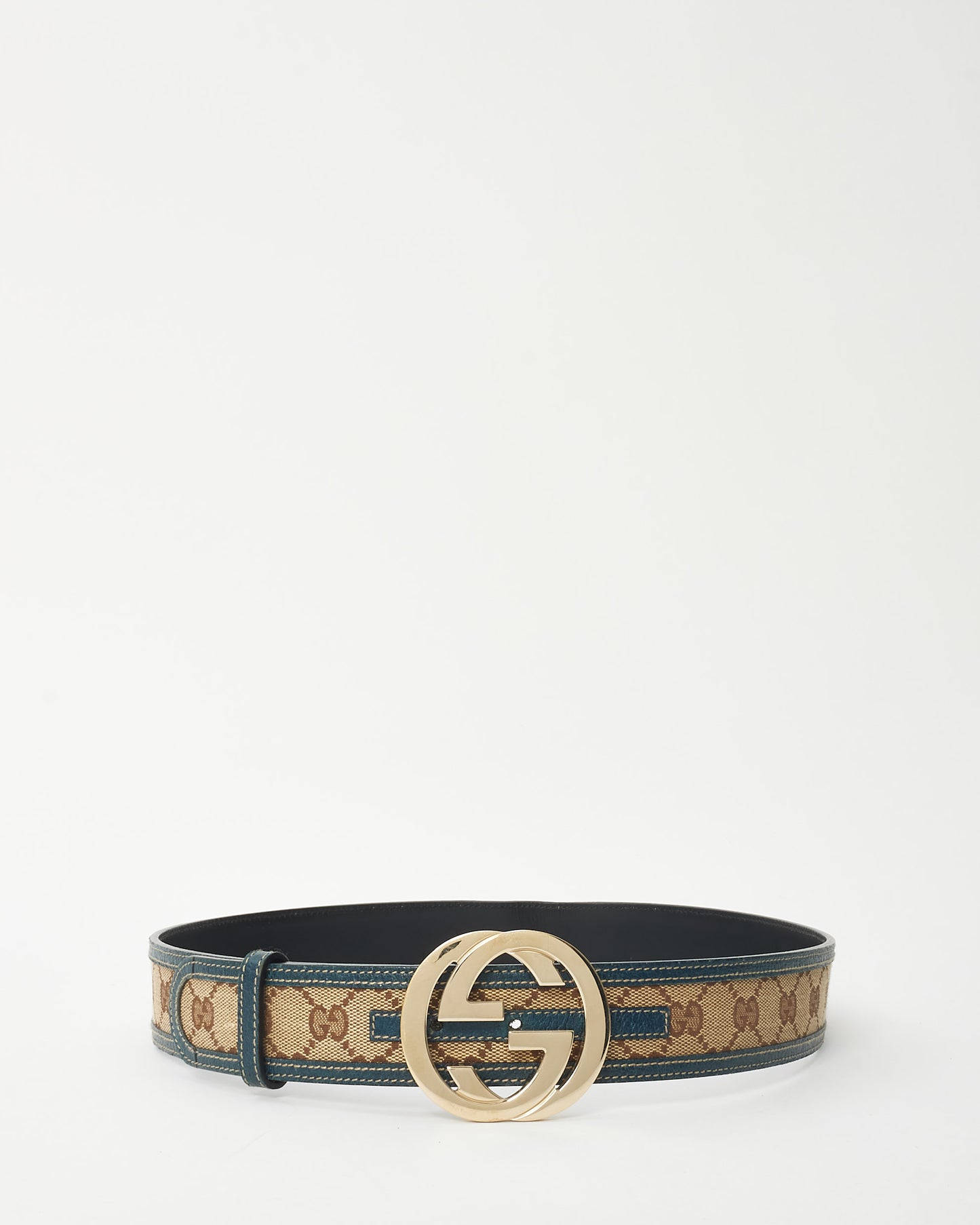 Gucci Brown Monogram Canvas 
Blue Trim GG Logo Belt - 85/34