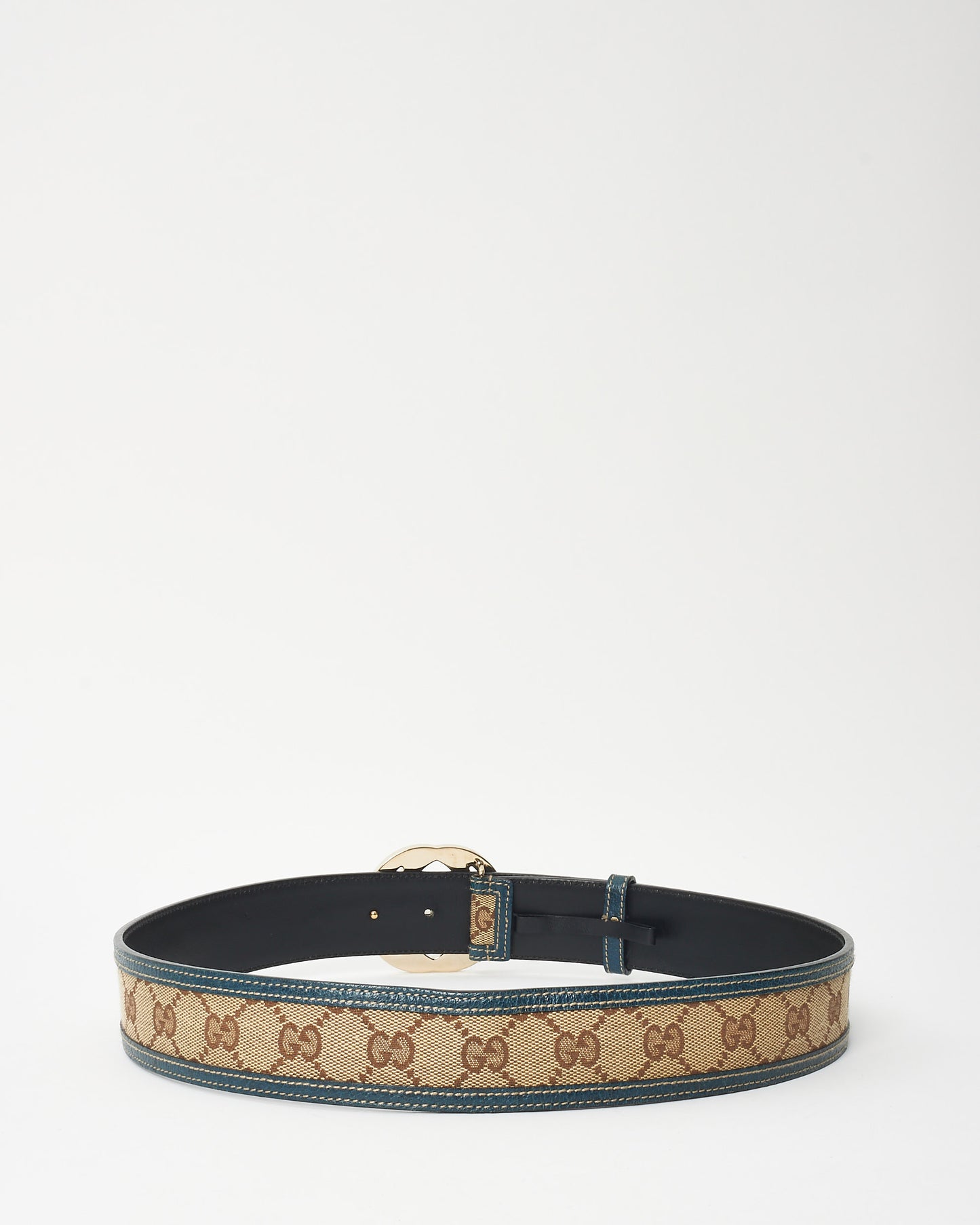 Gucci Brown Monogram Canvas 
Blue Trim GG Logo Belt - 85/34