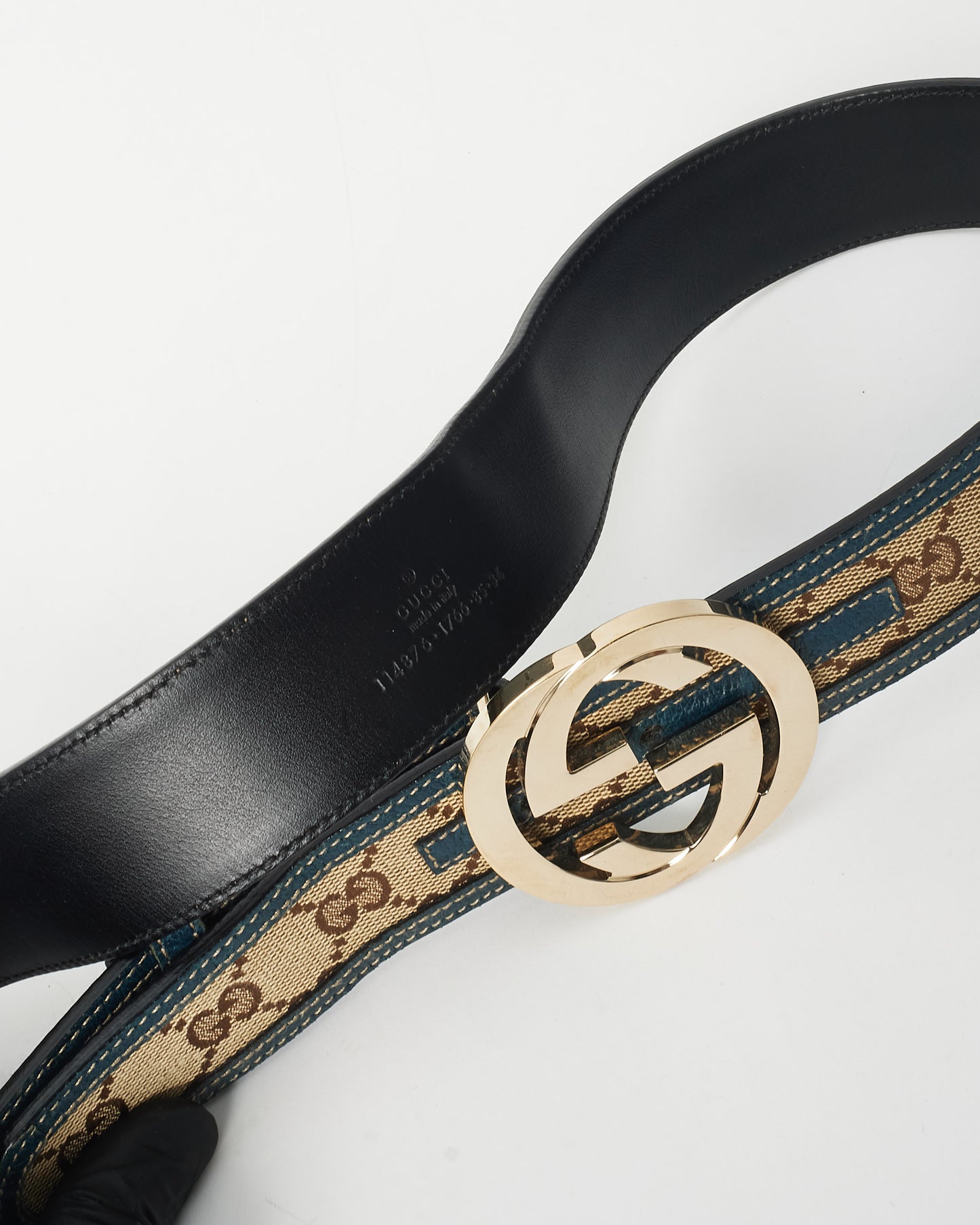 Gucci Brown Monogram Canvas 
Blue Trim GG Logo Belt - 85/34