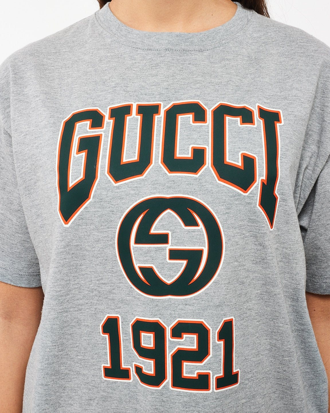 Gucci Grey Cotton T Shirt W Green 
Orange GG 1921 Logo - S