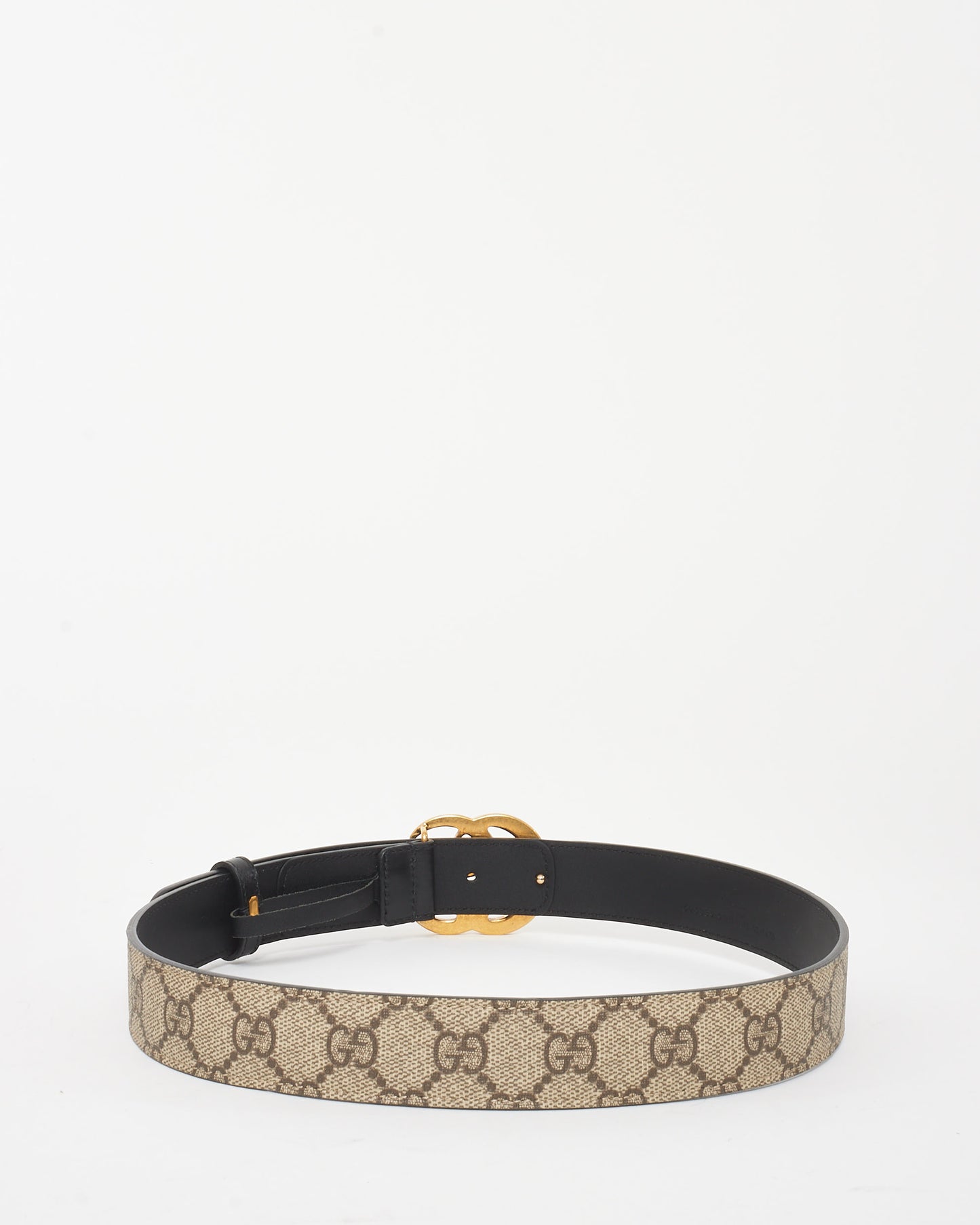 Gucci Black Leather and Beige Monogram Supreme Coated Canvas GG Marmont Belt - 75/30