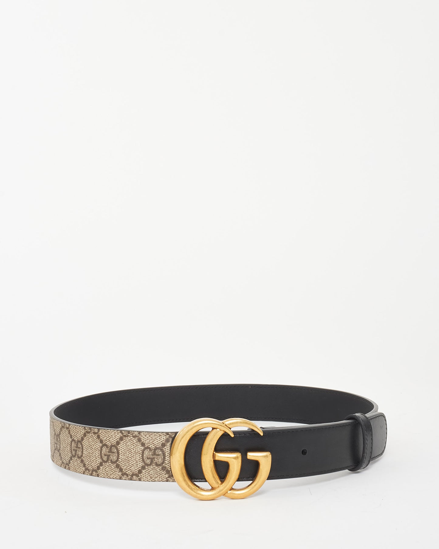 Gucci Black Leather and Beige Monogram Supreme Coated Canvas GG Marmont Belt - 75/30