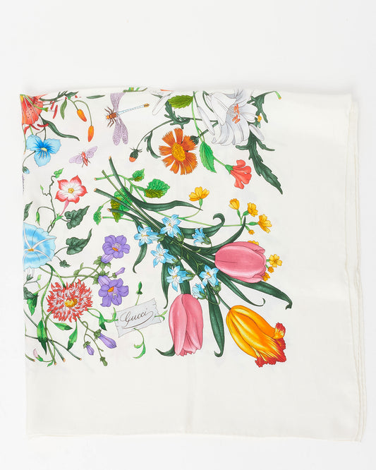 Gucci White Silk 
Multi Floral Print Scarf