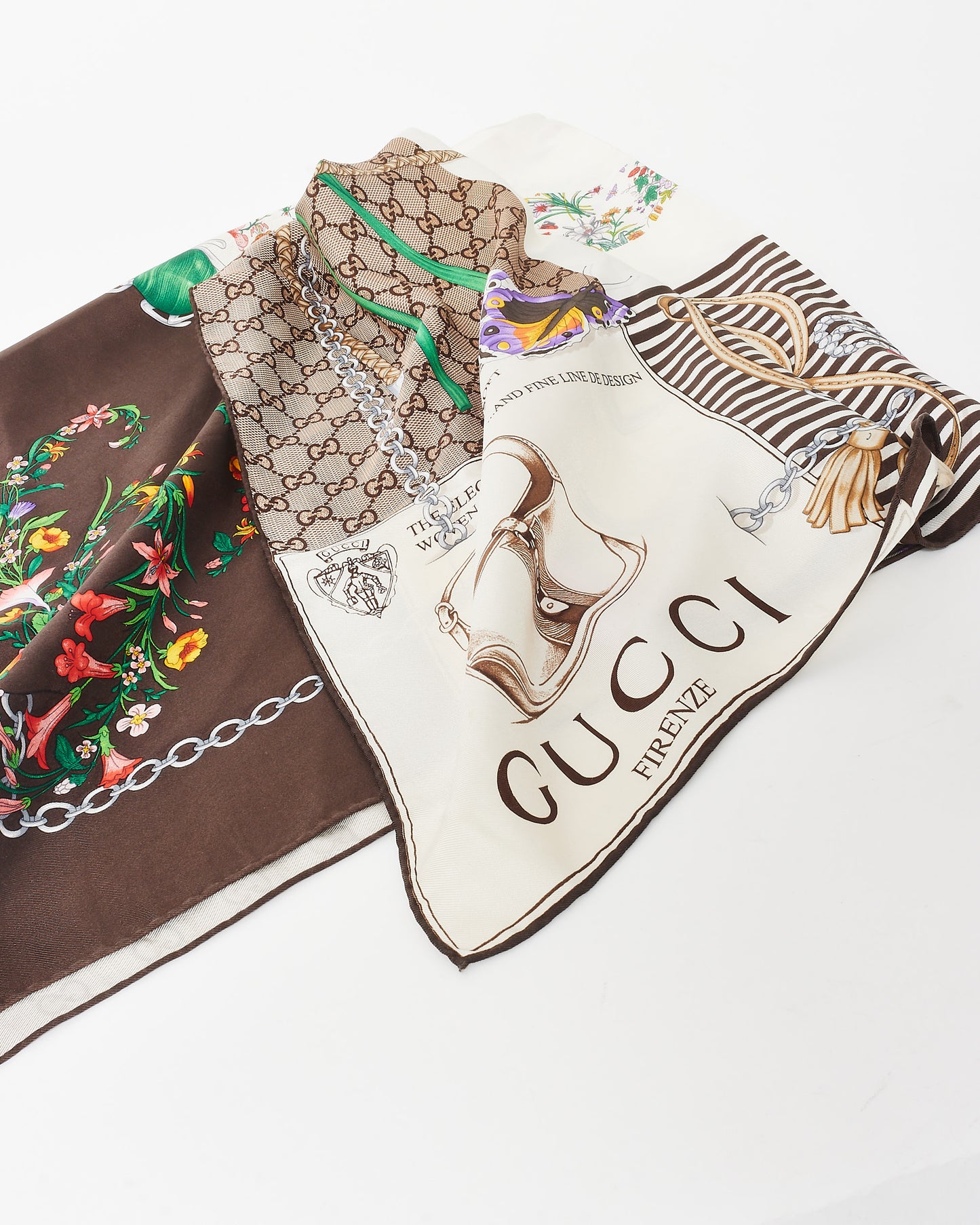 Gucci White 
Brown Silk Scarf W/ Multi Floral 
Bugs