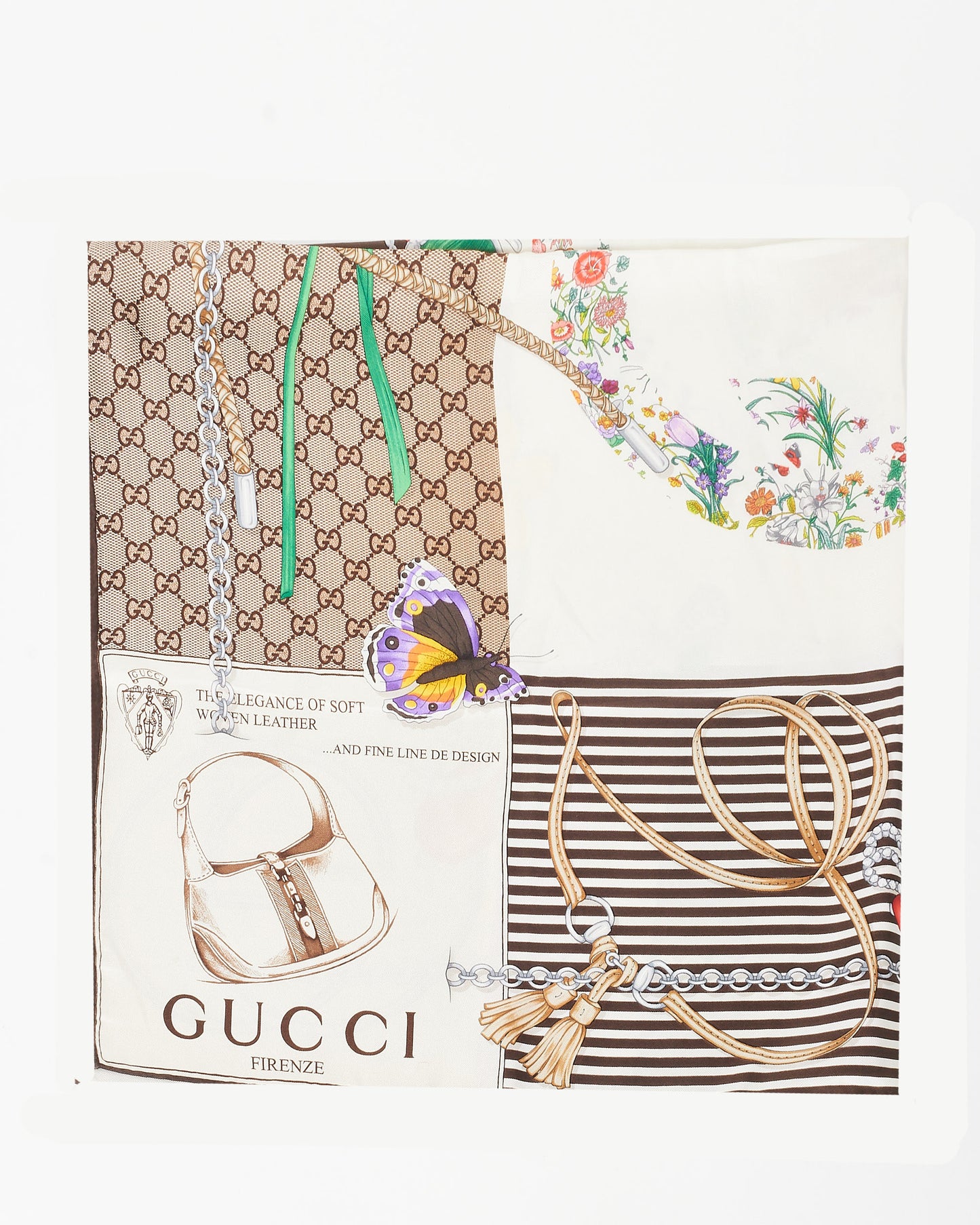 Gucci White 
Brown Silk Scarf W/ Multi Floral 
Bugs