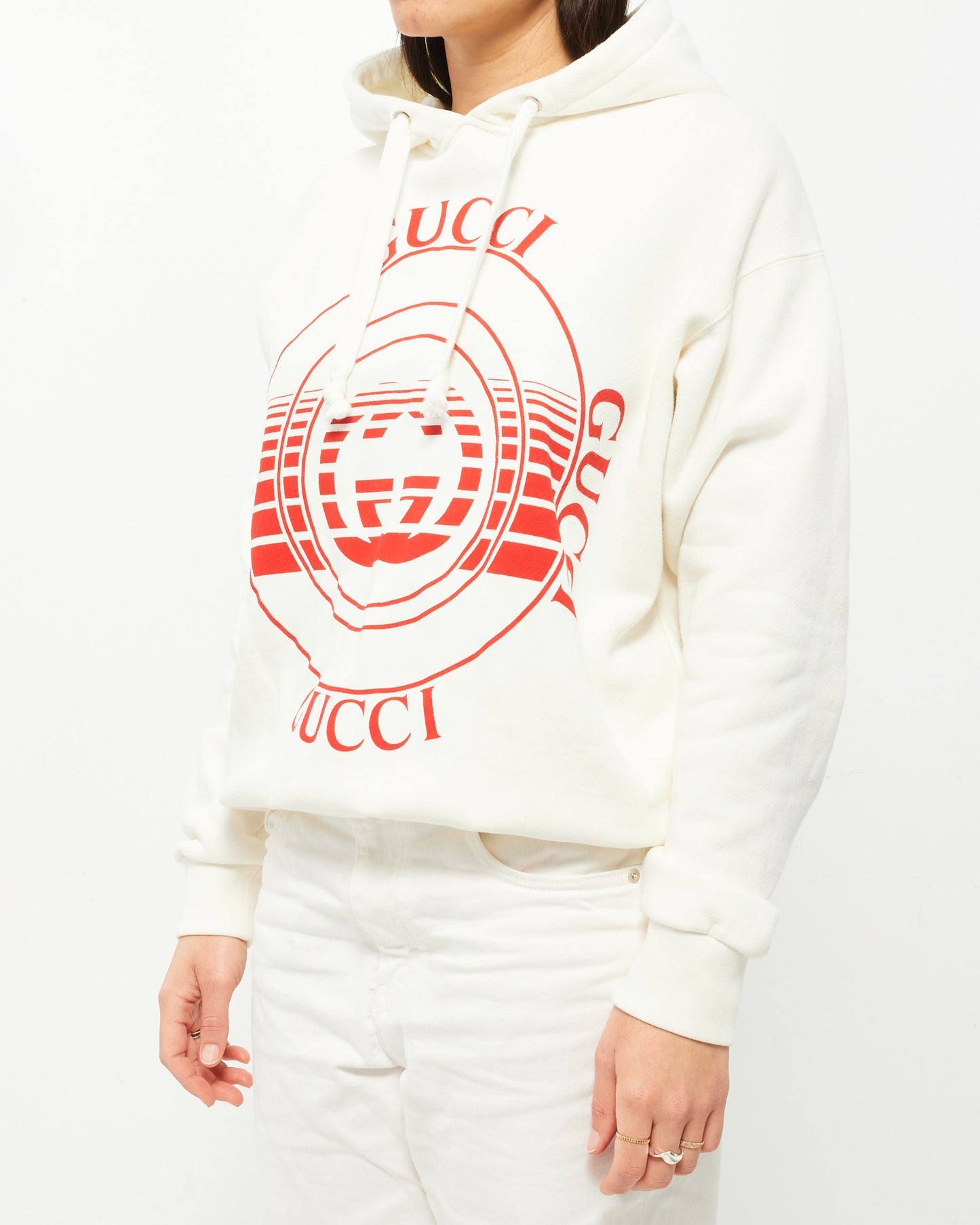 Gucci White 
Red Logo Hoodie - XS